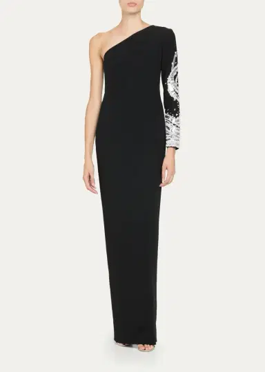 PAMELLA ROLAND One-Shoulder Beaded Crepe Column Gown | Thumbnail 2 PAMELLA ROLAND One-Shoulder Beaded Crepe Column Gown | Thumbnail 2