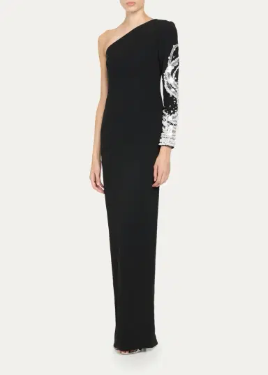 PAMELLA ROLAND One-Shoulder Beaded Crepe Column Gown | Thumbnail 4 PAMELLA ROLAND One-Shoulder Beaded Crepe Column Gown | Thumbnail 4