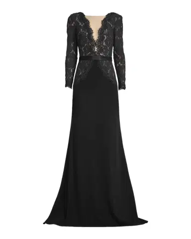Tadashi Shoji Plunging Illusion Lace & Crepe Gown | Thumbnail 1 Tadashi Shoji Plunging Illusion Lace & Crepe Gown | Thumbnail 1