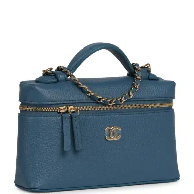 Chanel Chanel "Supple" Top Handle Long Vanity Case with Chain Dark Blue Grained Calfskin Gold Hardware | Thumbnail 2 Chanel Chanel "Supple" Top Handle Long Vanity Case with Chain Dark Blue Grained Calfskin Gold Hardware | Thumbnail 2