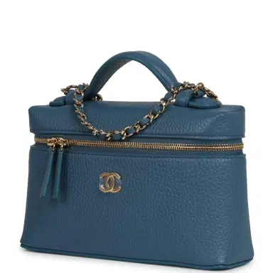 Chanel Chanel "Supple" Top Handle Long Vanity Case with Chain Dark Blue Grained Calfskin Gold Hardware | Thumbnail 5 Chanel Chanel "Supple" Top Handle Long Vanity Case with Chain Dark Blue Grained Calfskin Gold Hardware | Thumbnail 5