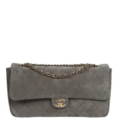 Chanel Chanel Maxi "Souplissimo" Small Flap Bag Dark Grey Suede Gold Hardware | Thumbnail 1 Chanel Chanel Maxi "Souplissimo" Small Flap Bag Dark Grey Suede Gold Hardware | Thumbnail 1