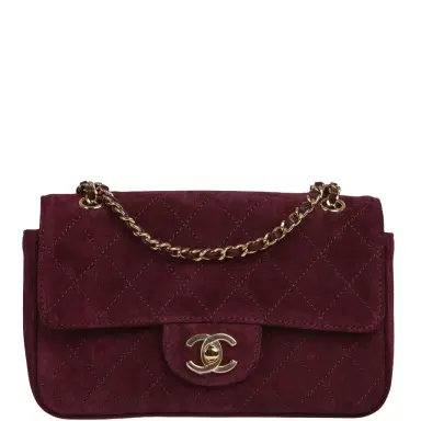 Chanel Chanel Mini "Souplissimo" Flap Bag Burgundy Suede Gold Hardware | Thumbnail 1 Chanel Chanel Mini "Souplissimo" Flap Bag Burgundy Suede Gold Hardware | Thumbnail 1