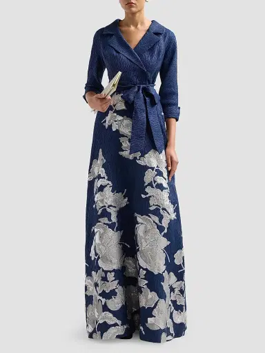 Teri Jon by Rickie Freeman Women's Textured Metallic Floral Jacquard Gown | Thumbnail 2 Teri Jon by Rickie Freeman Women's Textured Metallic Floral Jacquard Gown | Thumbnail 2