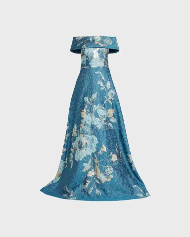 Rickie Freeman for Teri Jon Off-Shoulder Metallic Flower Jacquard Gown | Thumbnail 2 Rickie Freeman for Teri Jon Off-Shoulder Metallic Flower Jacquard Gown | Thumbnail 2