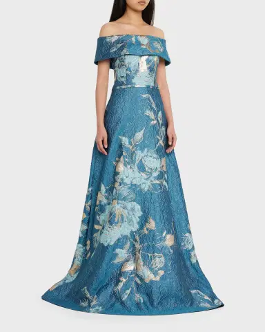 Rickie Freeman for Teri Jon Off-Shoulder Metallic Flower Jacquard Gown | Thumbnail 3 Rickie Freeman for Teri Jon Off-Shoulder Metallic Flower Jacquard Gown | Thumbnail 3