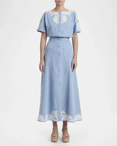 Valentino Garavani Embroidered Denim Button-Front Midi Skirt | Thumbnail 2 Valentino Garavani Embroidered Denim Button-Front Midi Skirt | Thumbnail 2