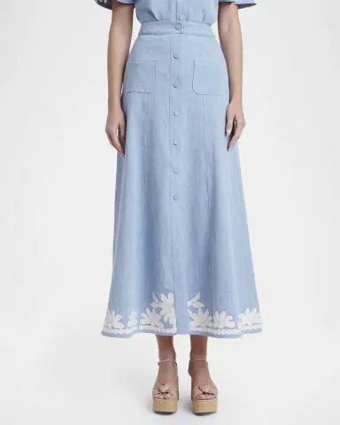 Valentino Garavani Embroidered Denim Button-Front Midi Skirt | Thumbnail 4 Valentino Garavani Embroidered Denim Button-Front Midi Skirt | Thumbnail 4