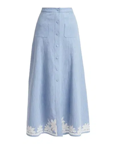 Valentino Garavani Embroidered Denim Button-Front Midi Skirt | Thumbnail 1 Valentino Garavani Embroidered Denim Button-Front Midi Skirt | Thumbnail 1