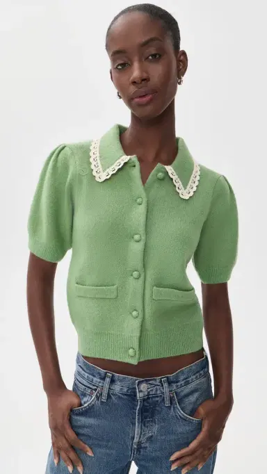 English Factory Lace Trim Puff Sleeve Knit Cardigan | Thumbnail 2 English Factory Lace Trim Puff Sleeve Knit Cardigan | Thumbnail 2