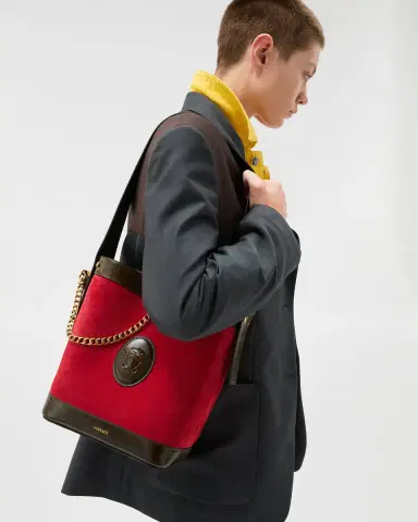 Versace Pivot Small Suede Bucket Bag | Thumbnail 2 Versace Pivot Small Suede Bucket Bag | Thumbnail 2