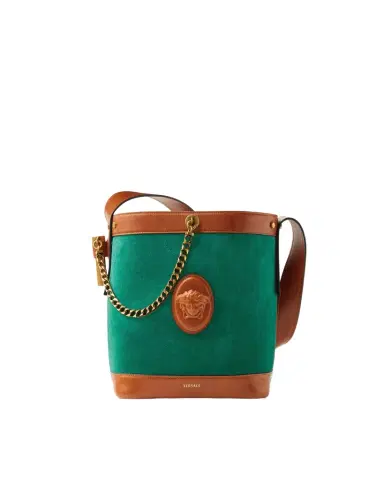 Versace Pivot Small Suede Bucket Bag | Thumbnail 1 Versace Pivot Small Suede Bucket Bag | Thumbnail 1