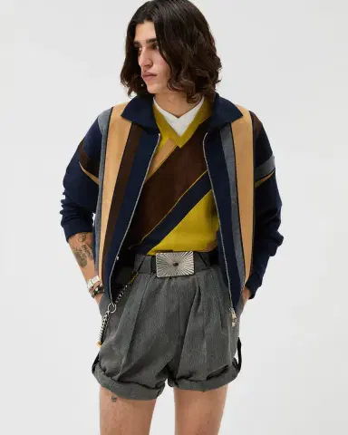 Versace Intarsia-Wool & Leather Patchwork Zip Sweater | Thumbnail 2 Versace Intarsia-Wool & Leather Patchwork Zip Sweater | Thumbnail 2
