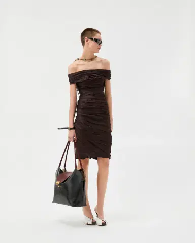 Versace Draped Envers-Satin Off-Shoulder Midi Dress | Thumbnail 2 Versace Draped Envers-Satin Off-Shoulder Midi Dress | Thumbnail 2