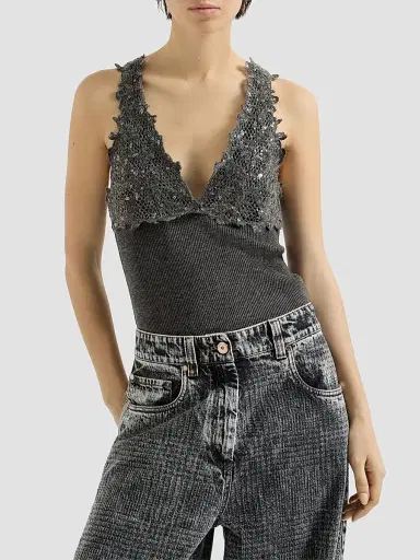Brunello Cucinelli Women's Ribbed Wool Jersey Top with Dazzling Lace Embroidery | Thumbnail 3 Brunello Cucinelli Women's Ribbed Wool Jersey Top with Dazzling Lace Embroidery | Thumbnail 3