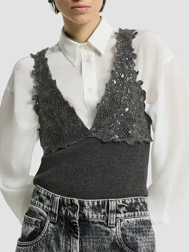 Brunello Cucinelli Women's Ribbed Wool Jersey Top with Dazzling Lace Embroidery | Thumbnail 5 Brunello Cucinelli Women's Ribbed Wool Jersey Top with Dazzling Lace Embroidery | Thumbnail 5
