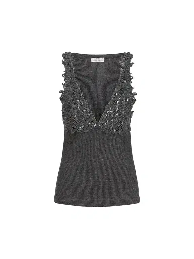 Brunello Cucinelli Women's Ribbed Wool Jersey Top with Dazzling Lace Embroidery | Thumbnail 1 Brunello Cucinelli Women's Ribbed Wool Jersey Top with Dazzling Lace Embroidery | Thumbnail 1