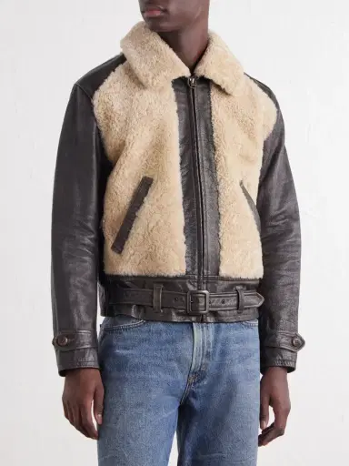 RRL Geronimo Belted Shearling-Trimmed Leather Jacket - Men | Thumbnail 3 RRL Geronimo Belted Shearling-Trimmed Leather Jacket - Men | Thumbnail 3