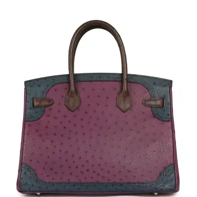 HERMÈS Hermes Birkin Ghillies 30 Violet, Bleu De Malte, Chocolat Ostrich Palladium Hardware | Thumbnail 4 HERMÈS Hermes Birkin Ghillies 30 Violet, Bleu De Malte, Chocolat Ostrich Palladium Hardware | Thumbnail 4