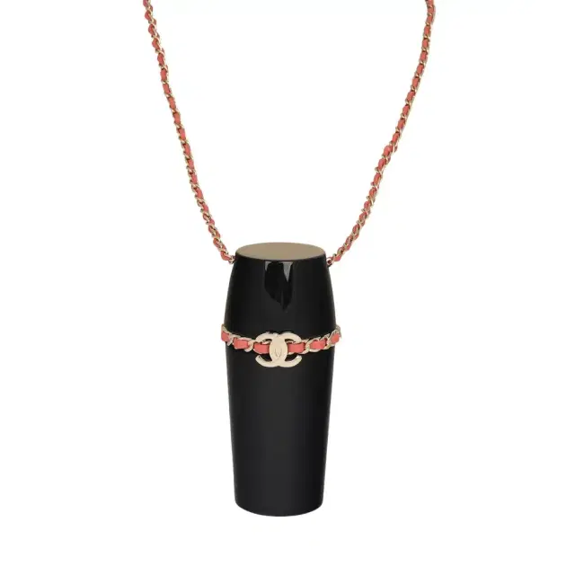 Pre-owned Chanel Lipstick Case Long Necklace Black Resin, Orange Leather Light Gold Hardware Pre-owned Chanel Lipstick Case Long Necklace Black Resin, Orange Leather Light Gold Hardware