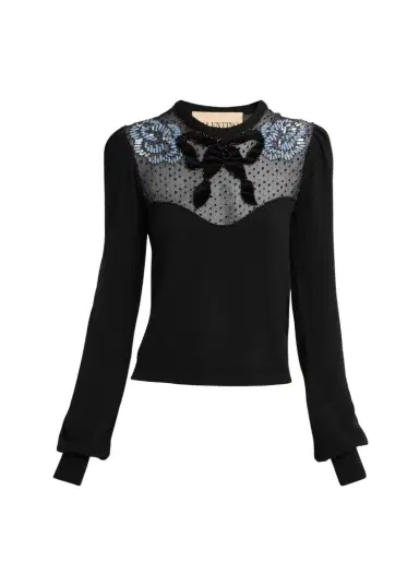 Valentino Garavani Beaded Floral Sheer Bust Wool Sweater | Thumbnail 1 Valentino Garavani Beaded Floral Sheer Bust Wool Sweater | Thumbnail 1