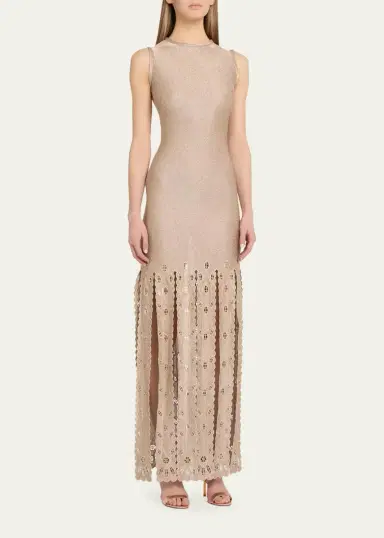 Oscar de la Renta Sleeveless Metallic Jersey Embroidered Fringe Maxi Dress | Thumbnail 4 Oscar de la Renta Sleeveless Metallic Jersey Embroidered Fringe Maxi Dress | Thumbnail 4