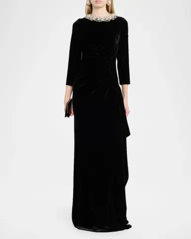Rickie Freeman for Teri Jon Draped Rhinestone-Collar Velvet Column Gown | Thumbnail 2 Rickie Freeman for Teri Jon Draped Rhinestone-Collar Velvet Column Gown | Thumbnail 2
