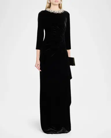 Rickie Freeman for Teri Jon Draped Rhinestone-Collar Velvet Column Gown | Thumbnail 4 Rickie Freeman for Teri Jon Draped Rhinestone-Collar Velvet Column Gown | Thumbnail 4