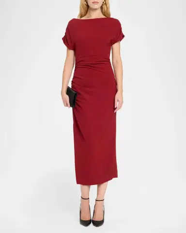 Lela Rose High-Neck Ruched Fluid Crepe Slit Midi Dress | Thumbnail 2 Lela Rose High-Neck Ruched Fluid Crepe Slit Midi Dress | Thumbnail 2