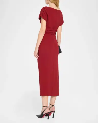 Lela Rose High-Neck Ruched Fluid Crepe Slit Midi Dress | Thumbnail 3 Lela Rose High-Neck Ruched Fluid Crepe Slit Midi Dress | Thumbnail 3