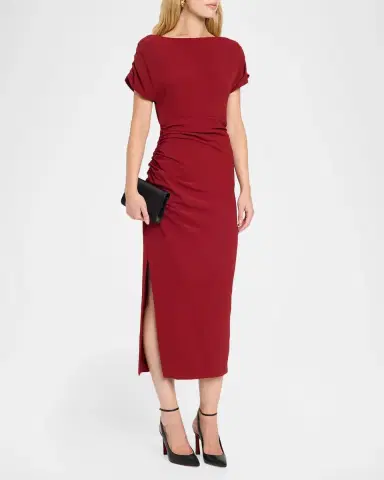 Lela Rose High-Neck Ruched Fluid Crepe Slit Midi Dress | Thumbnail 4 Lela Rose High-Neck Ruched Fluid Crepe Slit Midi Dress | Thumbnail 4