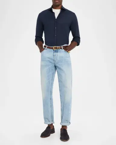 Brunello Cucinelli Men's Silk and Cotton Jersey Long-Sleeve Polo Shirt | Thumbnail 2 Brunello Cucinelli Men's Silk and Cotton Jersey Long-Sleeve Polo Shirt | Thumbnail 2