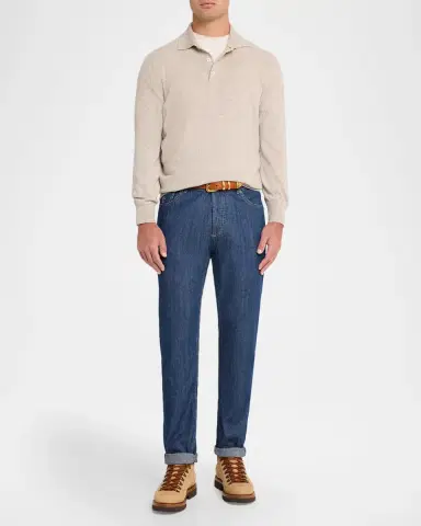 Brunello Cucinelli Men's Cashmere Long-Sleeve Polo Shirt | Thumbnail 2 Brunello Cucinelli Men's Cashmere Long-Sleeve Polo Shirt | Thumbnail 2