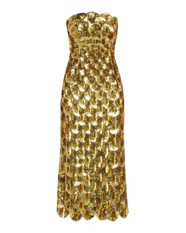 Oscar de la Renta Strapless Scallop Sequined Midi Cocktail Dress | Thumbnail 1 Oscar de la Renta Strapless Scallop Sequined Midi Cocktail Dress | Thumbnail 1