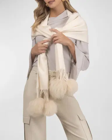 Gorski Select Cashmere Stole With Lamb Shearling Poms | Thumbnail 6 Gorski Select Cashmere Stole With Lamb Shearling Poms | Thumbnail 6