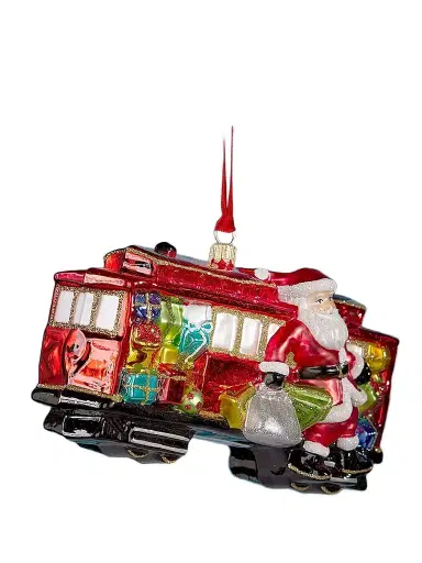 Glassware Art Studio Santa With San Francisco Cable Car Glass Ornament | Thumbnail 1 Glassware Art Studio Santa With San Francisco Cable Car Glass Ornament | Thumbnail 1
