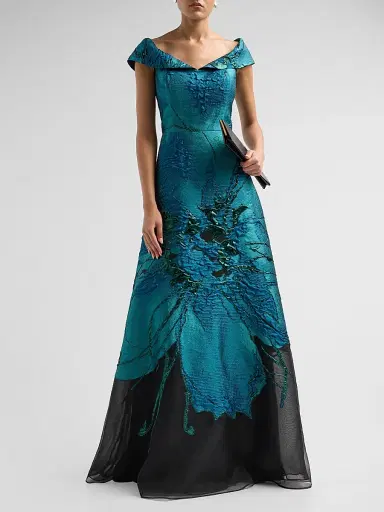 Teri Jon by Rickie Freeman Women's Floral Jacquard Organza A-Line Gown | Thumbnail 2 Teri Jon by Rickie Freeman Women's Floral Jacquard Organza A-Line Gown | Thumbnail 2