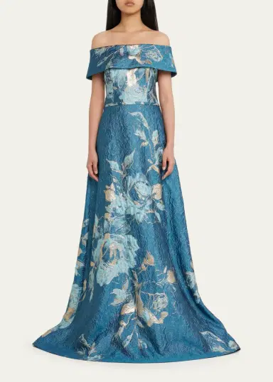 Rickie Freeman for Teri Jon Off-Shoulder Metallic Flower Jacquard Gown | Thumbnail 2 Rickie Freeman for Teri Jon Off-Shoulder Metallic Flower Jacquard Gown | Thumbnail 2