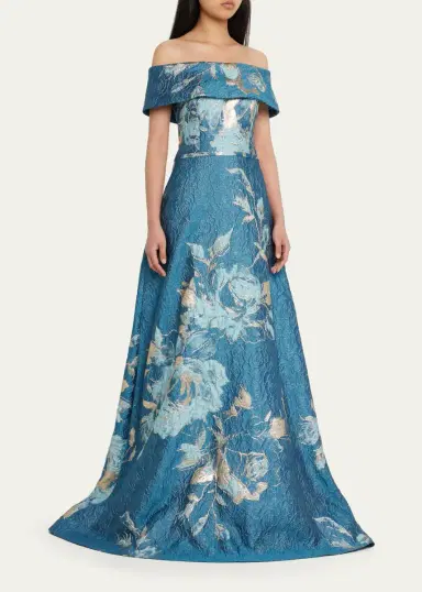 Rickie Freeman for Teri Jon Off-Shoulder Metallic Flower Jacquard Gown | Thumbnail 4 Rickie Freeman for Teri Jon Off-Shoulder Metallic Flower Jacquard Gown | Thumbnail 4