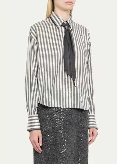 Brunello Cucinelli Wide Silk Stripe Button-Down Shirt | Thumbnail 4 Brunello Cucinelli Wide Silk Stripe Button-Down Shirt | Thumbnail 4