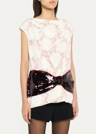 Simone Rocha Boxy Floral Satin Sequined Bow Peplum Top | Thumbnail 4 Simone Rocha Boxy Floral Satin Sequined Bow Peplum Top | Thumbnail 4