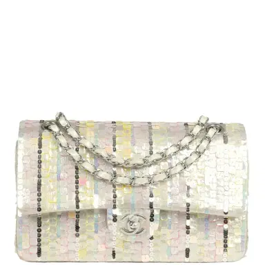 Chanel Pre-owned Chanel Medium Sequin Classic Double Flap Bag Light Grey, Pink, Yellow Embroidered Satin Silver Hardware | Thumbnail 1 Chanel Pre-owned Chanel Medium Sequin Classic Double Flap Bag Light Grey, Pink, Yellow Embroidered Satin Silver Hardware | Thumbnail 1