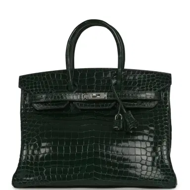 HERMÈS Pre-owned Hermes Birkin 35 Vert Fonce Shiny Porosus Crocodile Palladium Hardware | Thumbnail 1 HERMÈS Pre-owned Hermes Birkin 35 Vert Fonce Shiny Porosus Crocodile Palladium Hardware | Thumbnail 1