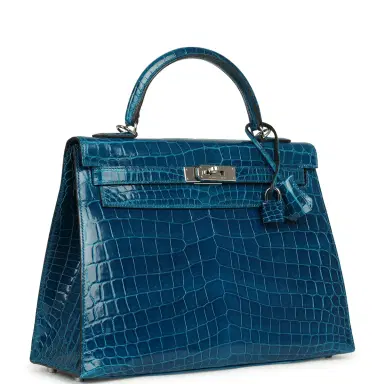 HERMÈS Pre-owned Hermes Kelly Sellier 32 Bleu Izmir Shiny Niloticus Crocodile Palladium Hardware | Thumbnail 2 HERMÈS Pre-owned Hermes Kelly Sellier 32 Bleu Izmir Shiny Niloticus Crocodile Palladium Hardware | Thumbnail 2