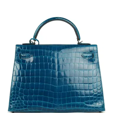 HERMÈS Pre-owned Hermes Kelly Sellier 32 Bleu Izmir Shiny Niloticus Crocodile Palladium Hardware | Thumbnail 4 HERMÈS Pre-owned Hermes Kelly Sellier 32 Bleu Izmir Shiny Niloticus Crocodile Palladium Hardware | Thumbnail 4