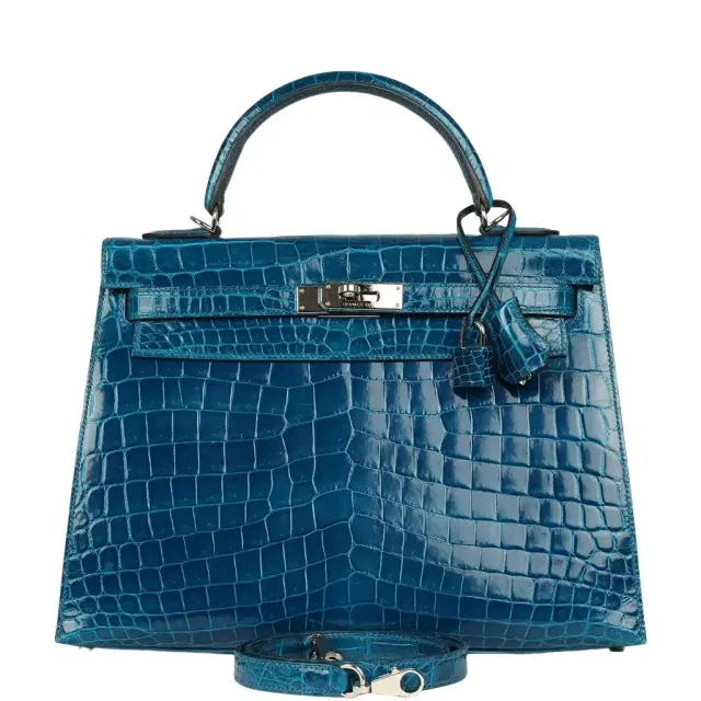 Pre-owned Hermes Kelly Sellier 32 Bleu Izmir Shiny Niloticus Crocodile Palladium Hardware Pre-owned Hermes Kelly Sellier 32 Bleu Izmir Shiny Niloticus Crocodile Palladium Hardware