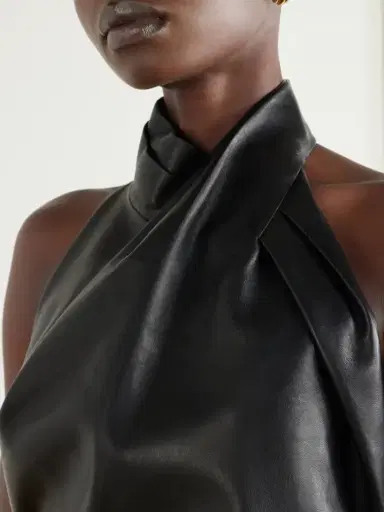 Balmain Paneled Halterneck Leather Mini Dress | Thumbnail 4 Balmain Paneled Halterneck Leather Mini Dress | Thumbnail 4