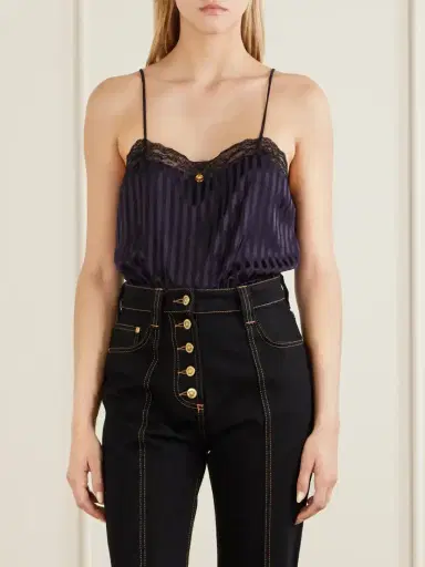 Versace Striped Lace-trimmed Silk-blend Bodysuit | Thumbnail 3 Versace Striped Lace-trimmed Silk-blend Bodysuit | Thumbnail 3