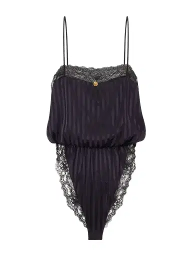 Versace Striped Lace-trimmed Silk-blend Bodysuit | Thumbnail 1 Versace Striped Lace-trimmed Silk-blend Bodysuit | Thumbnail 1