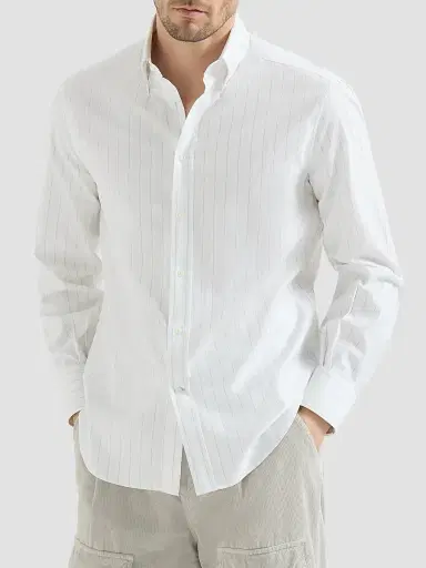 Brunello Cucinelli Men's Cotton Textured Striped Chevron Shirt with Button-Down Collar | Thumbnail 2 Brunello Cucinelli Men's Cotton Textured Striped Chevron Shirt with Button-Down Collar | Thumbnail 2